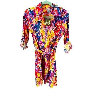 Bright Floral Shirt Dress
Tie Waist Roll Tab Sleeve
Colorful Midi Dress